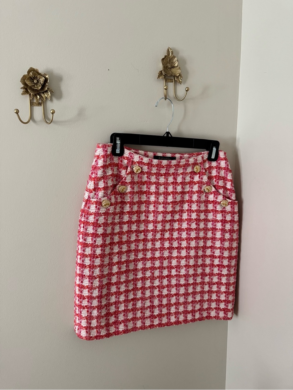 Brooks Brothers Pink and White Tweed Mini Skirt with Decorative Buttons